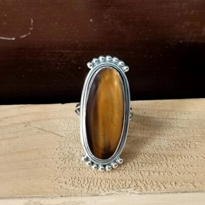 Heavy Tiger's Eye Gemstone Solid 925 Sterling Silver Handmade Women Ring - Image 1 of 4
