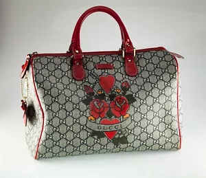 Gucci Coated Canvas Boston Tattoo Rose Heart Bag Limited Edition w/ Charm - Picture 1 of 9