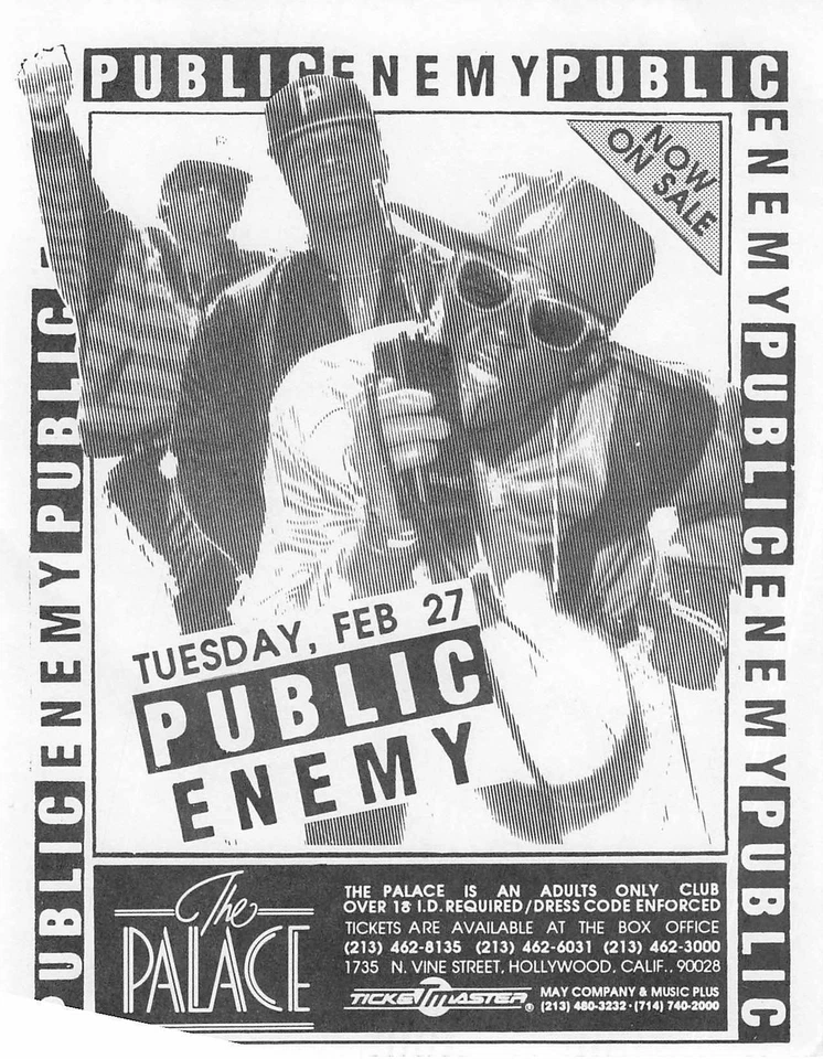 1990 Public Enemy Flyer The Palace Hollywood Chuck D Flav Vintage Rap Promo - Image 1 of 2