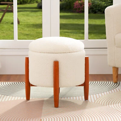 Modern Round Storage Ottoman Teddy Velvet Foot Rest Upholstered Footstool White - Image 1 of 4