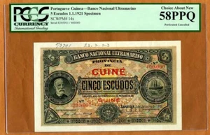Specimen, Portuguese Guinea, 5 Escudos, 1921, P-14s, PCGS-58, PPQ Ch. About New - Picture 1 of 2