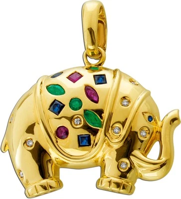 Elefant Anhänger Gold 585 14K Brillanten Smaragde Rubine Saphire Antikschmuck - Bild 1 von 4