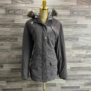 MOSSIMO SUPPLY CO Faux Fur Hood Snap & Zip Up Grey Parka Jacket Women's Size L - Picture 1 of 10