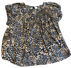 Anthropologie bedrucktes Oberteil Kurzarm Krawatten lockere Passform plissiert hellbraun marineblau XL - Bild 1 von 7