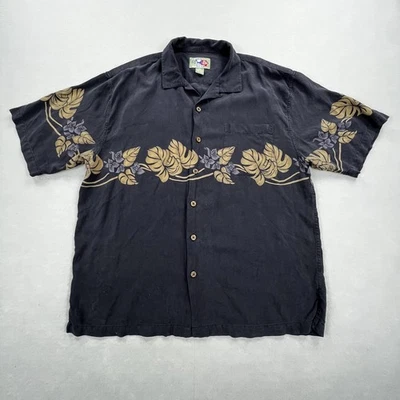 Hilo Hattie Shirt Mens Large Black Silk Hawaiian Aloha Floral Button Front - Image 1 of 4