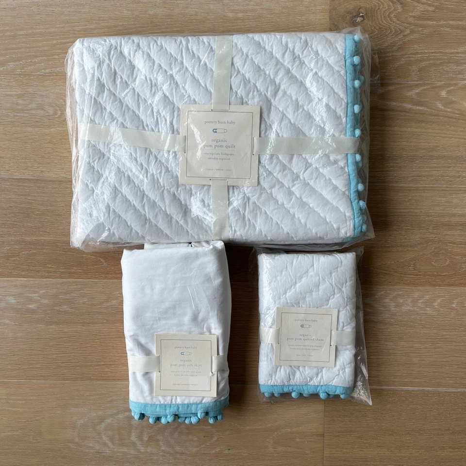 Pottery Barn Baby Organic Pom Pom Quilted Crib Bedding Quilt Sham Skirt NEW - Image 1 of 4