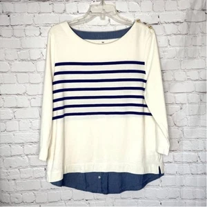 Maglione maglia Talbots Wms L blu panna a righe LS top nautico finto strato preppy - Foto 1 di 9