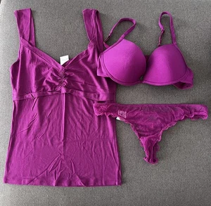 Completo tre pezzi Intimissimi reggiseno perizoma canotta viola - Foto 1 di 14