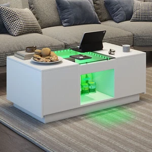 Modern LED Coffee Table with Power Outlets White 2 Drawers Living Room Table - Picture 1 of 9
