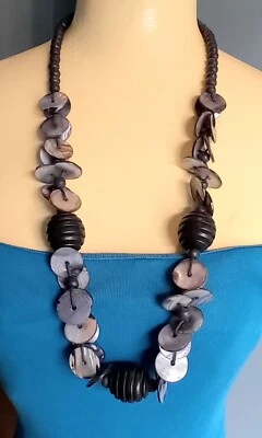 Long Black Wood & Silver Grey Mother Of Pearl Beads Statement Necklace D673 - Image 1 of 4
