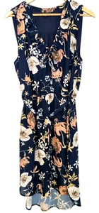 Portmans Navy Floral V-Neck Front Tie Belt Sleeveless Midi Dress Size 16 - Picture 1 of 9
