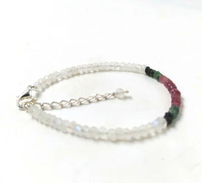 Natural Rainbow Moonstone+Multi Tourmaline 3-4mm Rondelle Faceted Bracelet 7" - Image 1 of 4
