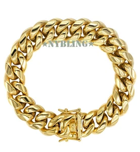 Mens Miami Cuban Bracelet 18k or 14k Gold Plated Stainless Steel (8MM to 16MM) - Picture 1 of 7