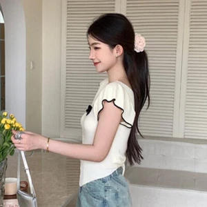Korean Bow Round Neck Flying Sleeves Knit T-shirt Women Irregular Slim Crop Top - Picture 1 of 13