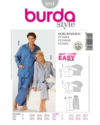 BURDA 2691 UNISEX PYJAMAS Dressmaking Sewing Pattern Sizes 12-22 Skill: EASY - Image 1 of 3