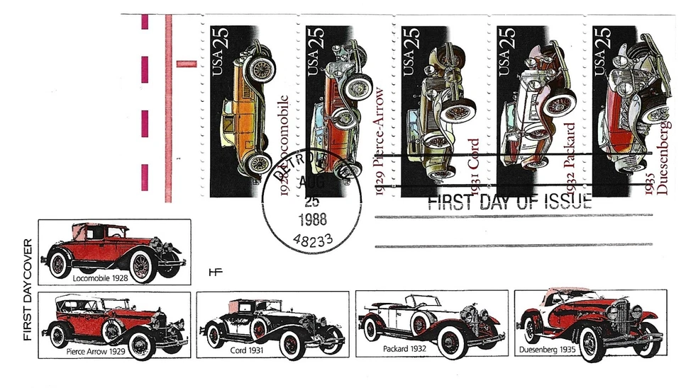 1988 2444-2448 25 cent Classic Automobiles w / Pane of 5 FDC - Image 1 of 1