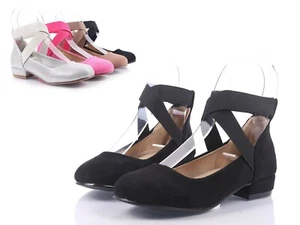 Black Casual Elastic Cross-Strap Slip-on Low Kitten Heels Girls Kids Size 9 - Picture 1 of 8