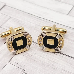 Gemelos vintage sofisticados y elegantes de dos tonos de metal esmalte negro estrás - Imagen 1 de 20