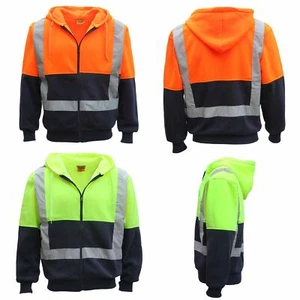 HI VIS Reflective Tape Fleece-lined Jacket FullZip Safety Hoodie Workwear Jumper - Picture 1 of 4