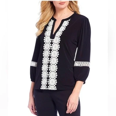 KARL LAGERFELD Womens Lace Trim Boho Top Size Large Black Peasant 3/4 Sleeve - Image 1 of 4