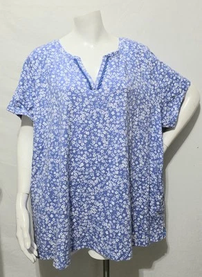 Isaac Mizrahi 3X Top Tejido Azul Blanco Estampado Floral Pullover Mangas Cortas Cuello en V Foto 1 de 4