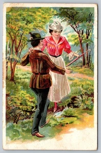 Vintage 1909 Handcolored Postcard Romantic Couple in Nature Scene - Picture 1 of 2