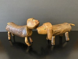 2 Rare Find Handmade Wood Dog Statue Made Of Tree Bolt /Block Primitive Folk Art - Picture 1 of 13