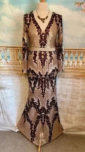 Evening Dress 12 14 Beige Gold Brown Sequin Ballgown Goddiva Fishtail Deco 20 30 - Picture 1 of 9