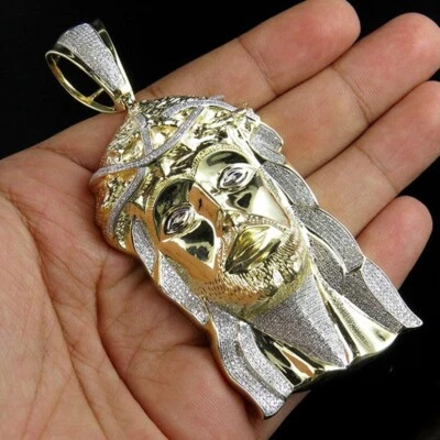 Мужской кулон с подвеской в виде Иисуса из желтого золота 14 карат с искусственным бриллиантом 2,10 карата 3,6 дюйма - Изображение 1 из 4