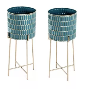 House Additions Etagere Plant Stand Set of 2 Turquoise and Gold H70x W29x D29cm - Picture 1 of 2