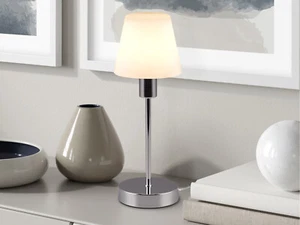 Dimmbare Nachttischlampe mit Halogen Leuchtmittel & Chrom glänzenden Glasschirm - Bild 1 von 6