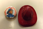 VINTAGE WW2 1940 S ERA RED FIREMAN'S CELLULOID HAT AND PIN(40080-PIN-PETE