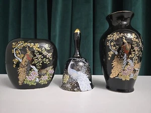 Set of 3 Vintage Black & Gold Porcelain Mini Bud Vases And Bell Peacock Japan - Picture 1 of 6