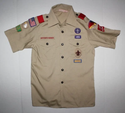 Boy Scouts of America BSA Size Large Youth Tan Uniform Shirt With Patches - Image 1 of 4