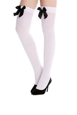 Strümpfe Damenstrümpfe Overknees Stockings Karneval weiß schwarze Schleife WZ001 - Bild 1 von 3