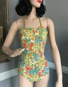 Vintage 1960s Gabar Shirred Floral Print Halter Swimsuit Rockabilly XS/S - Picture 1 of 8