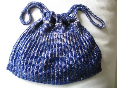 Antique Tan Crochet Teal Aqua Blue Bead Handle Fringe Ball Tassel Flapper Purse - Image 1 of 4