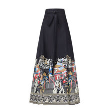 Women's Chinese Style Horse Face Long Skirt Pleated Printed Tie High
