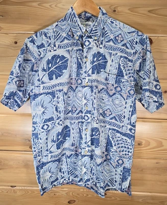 Camisa Hawaiana Vintage Reyn Spooner Tribal Floral Hombres Pequeña Azul Foto 1 de 4