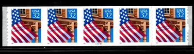 Stamp USA 1996 32¢ Flag over Pouch Plate #2222A Coil Strip of 5 stamps SC#2915a - Image 1 of 2