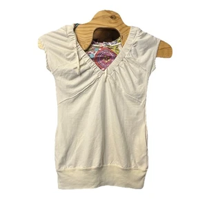VTG Y2K White Hooded Baby Doll V-Neck Shirt Sleeve Sweater Preppy 2000s USA Made - Picture 1 of 5