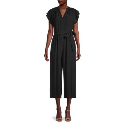 Calvin Klein Flutter Sleeve Cropped Jumpsuit Black Textured Crepe Size 6 - Image 1 of 4