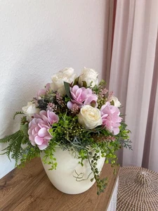 Seidenblumengesteck Sommer Seidenblumen Landhaus Tischgesteck Landhausstil Rosen - Bild 1 von 9