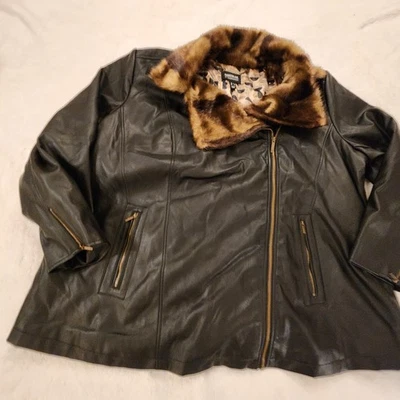 Dennis Basso Madison Avenue Marrón Chocolate 3X Imitación Cuero Moto Chaqueta Borde de Piel Foto 1 de 4