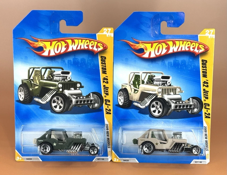 Hot Wheels 2009 New Models CUSTOM ’42 JEEP CJ-2A Green/Khaki w/5s 27/42 LOT OF 2 - Image 1 of 4