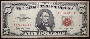 1963 $5 Red Seal Federal Reserve Note Circulated Note VF P29 - Picture 1 of 2