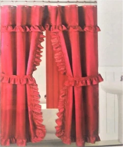 Red Double Swag Fabric Shower Curtain Set, Vinyl Liner and 12 Rolling Rings - Picture 1 of 2