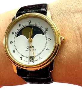 Oris Portofino Quartz Moon Phase Men's Watch Date Swiss Made Brown Strap Runs - Picture 1 of 15