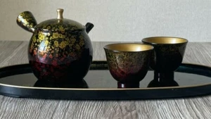 Tokoname Japanese Teapot and 2 Cup set Tenmoku by Shoryu boxed in wood Japan - Picture 1 of 9