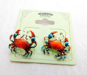 Crab Earrings Sea Life Shellfish Theme Hook Fasteners Red Blue Icon Collection - Picture 1 of 9